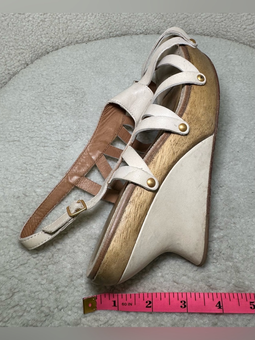 Leifsdottir Vintage Anthropologie Ivory Leather Wood Platform Wedge Strappy 9 - Picture 12 of 12
